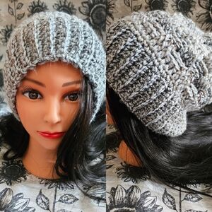 Womens Crochet Gray Basket Stitch Hat Beanie